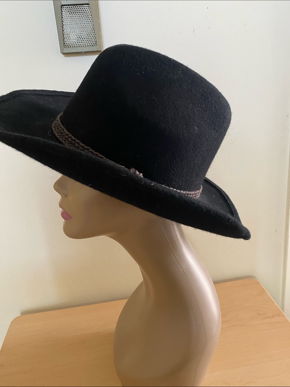 Black Felt Wide-Brim Hat with Braided Trim